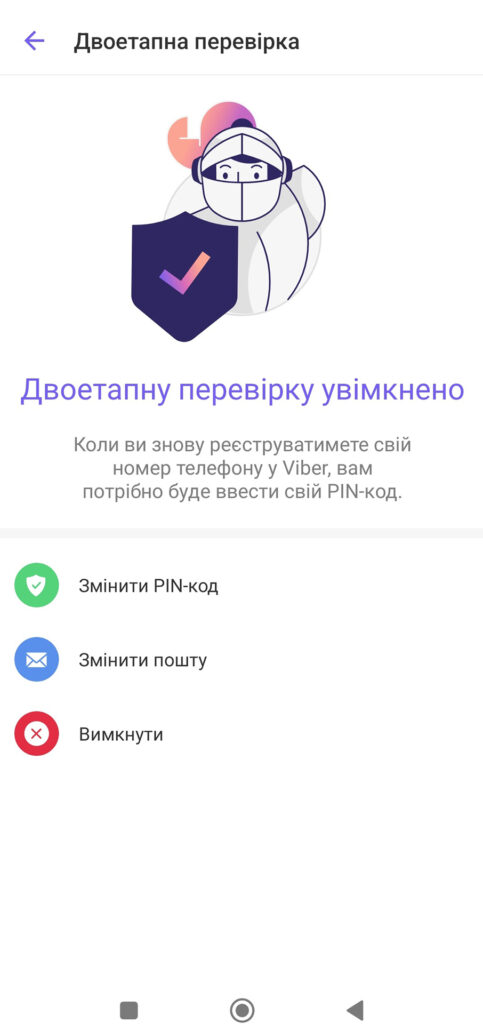 Екран Viber з підтвердженням увімкненої двоетапної перевірки, текстом інструкції та опціями для зміни PIN-коду, пошти або вимкнення функції безпеки.